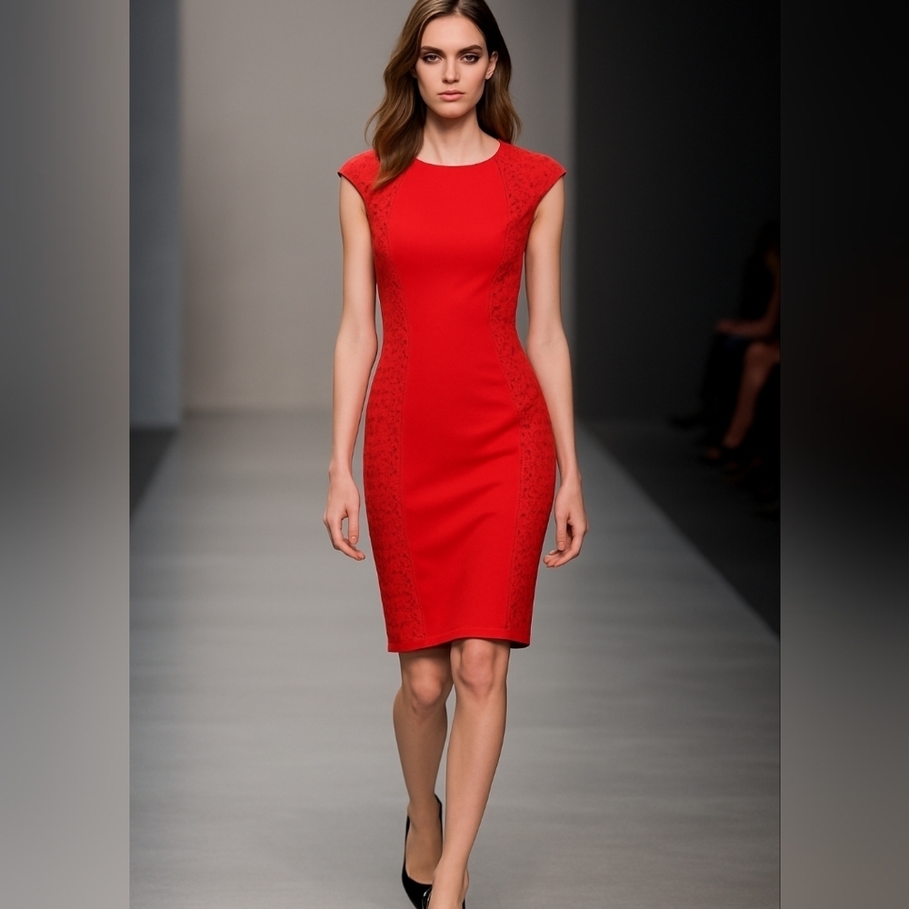 Phoebe Couture Fitted Cutout Lace Orange Red Pencil Chic Mini dress Sz 2 EUC